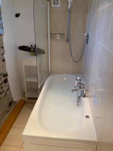 a bathroom with a shower and a white tub at Tithe Barn 2 - Abercelyn Cottages - Llanycil - Bala - Gwynedd - LL23 7YF - UK in Llanycil