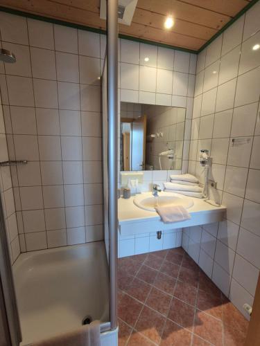 a bathroom with a sink and a shower and a mirror at Hotel-Pension Asingerhof in Schladming