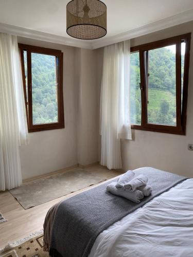 a bedroom with a bed with two windows at Komilo Homes - Functional Modern Suite in Çamlıhemşin