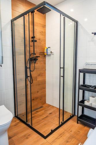a shower with a glass door in a bathroom at Baltic Breeze & Spa in Władysławowo