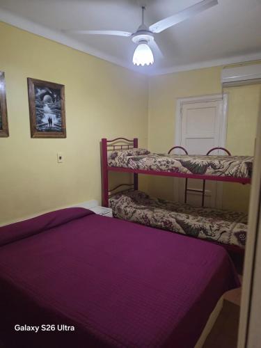 a bedroom with two bunk beds with purple sheets at Hotel Roy's in San Juan