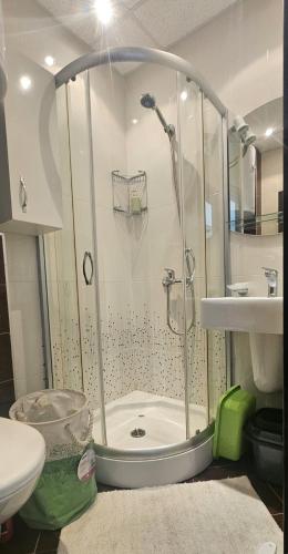 a shower in a bathroom with a toilet and a sink at Sun Sea 1 studio sea view in Shkorpilovtsi
