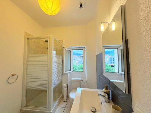 a bathroom with a shower and a sink and a toilet at L'Observatoire Vue Château in Foix