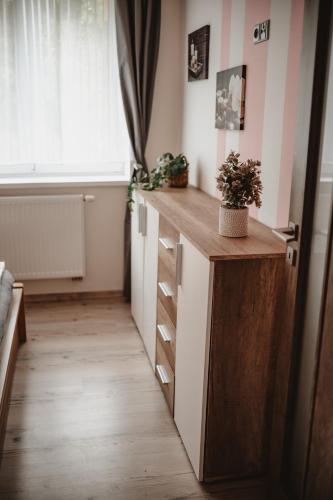 a kitchen with a wooden counter and a window at H apartmán Jankov in Jankov