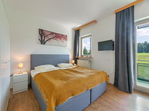 a bedroom with a bed and a tv and windows at Appartement mit All inklusive Angebot und Pool in Runding