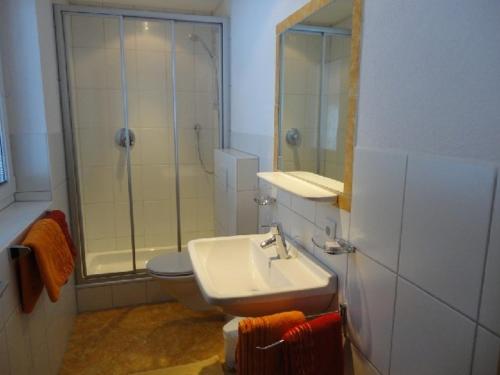 La salle de bains est pourvue de toilettes, d'un lavabo et d'une douche. dans l'établissement Apart Steffi, à See