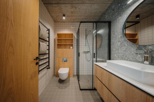 a bathroom with a sink and a shower and a toilet at SVENCELE DUNES Marių g 31-1 in Svencelė