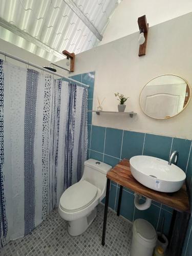 a bathroom with a toilet and a sink and a mirror at Quinta Las Hortensias in Monte San Juan