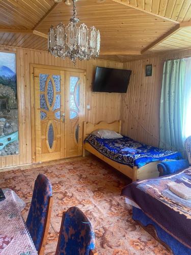 a bedroom with a bed and a chandelier at TaVa House 1 in Yaremche