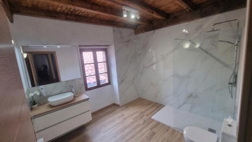 a bathroom with a shower and a sink and a mirror at Casa Rural Betraunea in Sumbilla