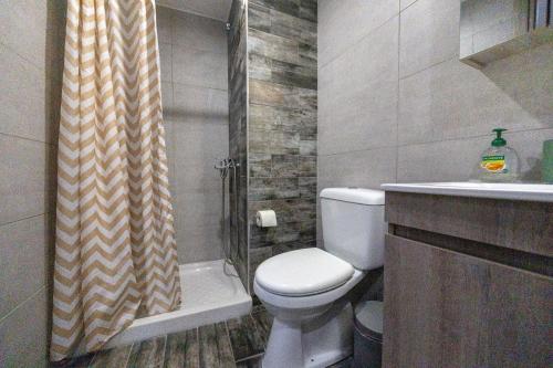 ein Badezimmer mit Toilette und Duschvorhang in der Unterkunft Xenophon Studios in Mytilini