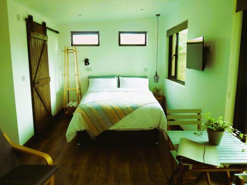 a green bedroom with a bed and a table at An Garraí Mór in Omagh