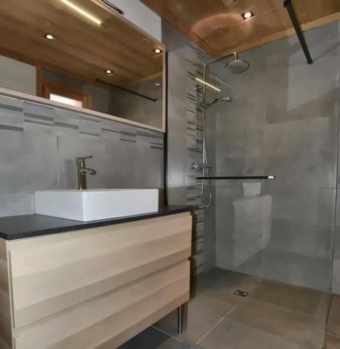 a bathroom with a sink and a shower at Chalet Loan in Montgenèvre