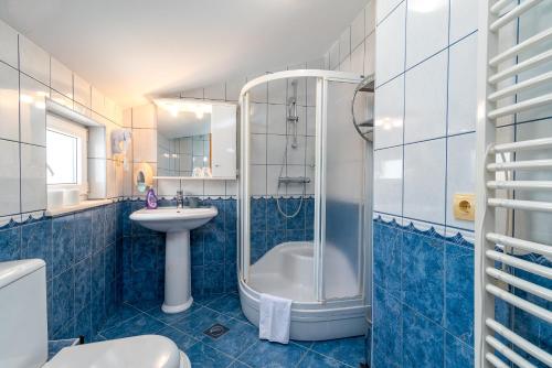 a bathroom with a shower and a sink and a toilet at Villa Ani in Trogir