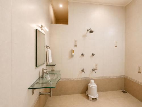 a bathroom with a glass sink and a mirror at Home Stay Inn 5 min from Sardar Vallabhbhai Patel International Airport Ahmedabad in Ahmedabad