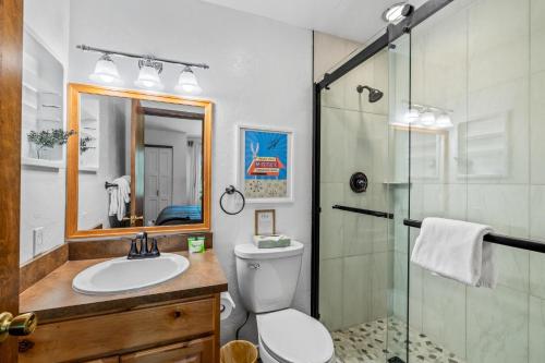 a bathroom with a toilet and a sink and a shower at Chickadee in Clark