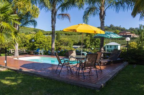 a patio with a table and chairs and an umbrella at Cappio Pousada e Lazer in Bento Gonçalves