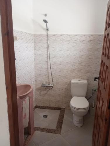 a bathroom with a toilet and a sink and a shower at Amsa aqua villa in Tétouan
