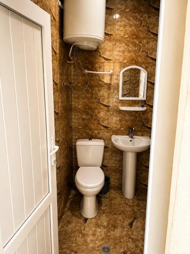 a bathroom with a toilet and a sink at Mziuri Guest House in Ureki