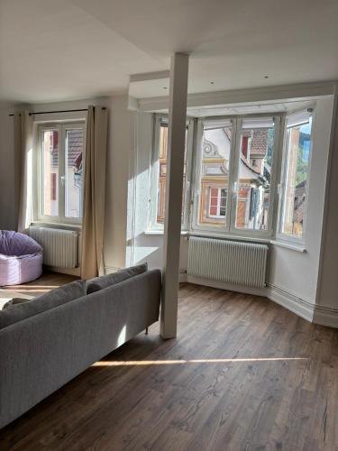 a living room with a couch and two windows at Chez Marceau in Munster