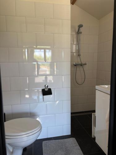 a bathroom with a white toilet and a shower at B&B Sonnegaerde in Arnhem