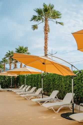 a row of chairs and umbrellas on a beach at Era Palace Gonio in Kvariati