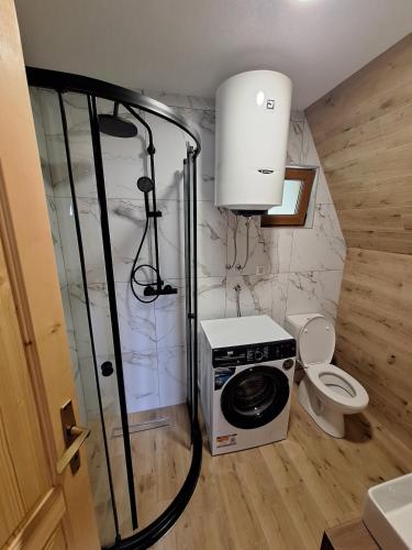 a small bathroom with a washing machine and a toilet at Koliba SAN in Žabljak