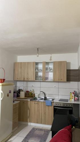 a kitchen with wooden cabinets and a white refrigerator at Vrela vacation in Vrela