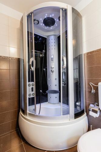 a bathroom with a shower with a toilet in it at CROSS SQUARE HOUSE - Spacious 2 Level Home, 2BR, 3Baths, Terrace - by RealTrust in Timişoara