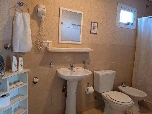 a bathroom with a toilet and a sink at Cabañas Aluen in El Calafate