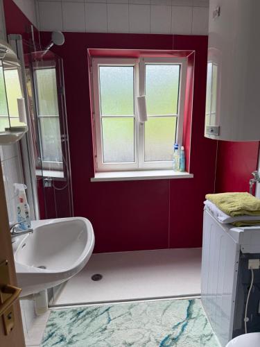 a bathroom with a white sink and a window at Wohnhaus Leitner in Wald am Schoberpaß