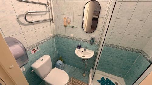 ein kleines Badezimmer mit Toilette und Waschbecken in der Unterkunft Hotel Veagles in Narva-Jõesuu
