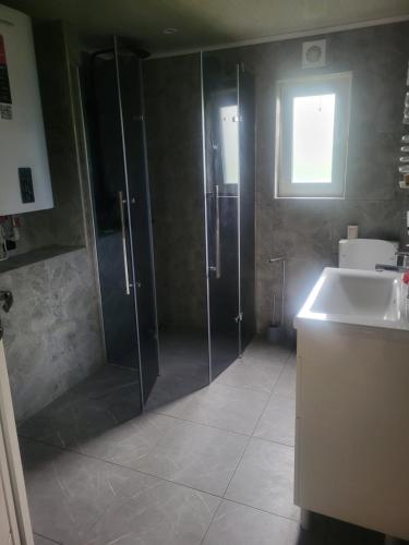 a bathroom with a shower and a sink at Забрус насолоди in Kosiv