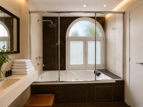 a bathroom with a shower and a tub with a window at Purobaires Hotel Boutique in Buenos Aires