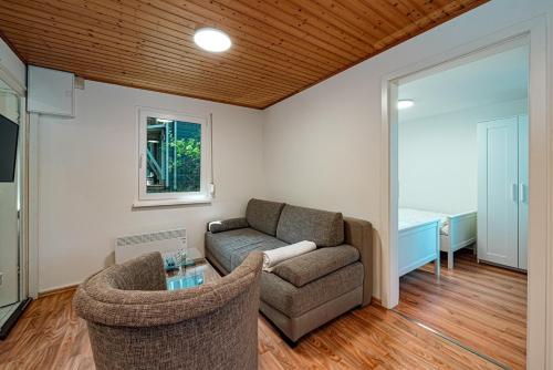 a living room with a couch and a table at Ferienhaus am Strand 88 - Bade- & Saunawelt täglich inklusive in Baabe