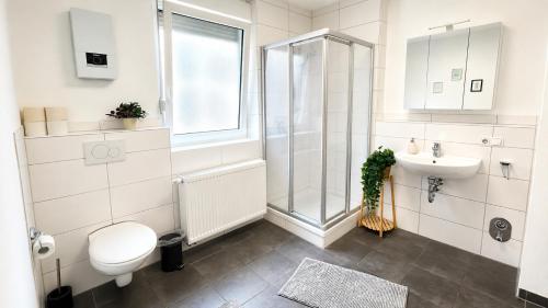 a bathroom with a shower toilet and a sink at Comfortable new Apartment in #Koblenz# direkt am Rhein in Koblenz