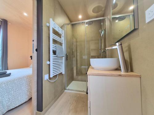 a bathroom with a sink and a shower in a room at Filao - Clim Piscine in Auch