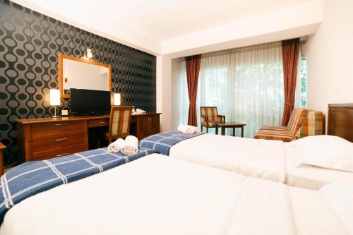 a hotel room with two beds and a television at Accommodation Dolcino in Ulcinj