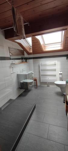 a large bathroom with a sink and a toilet at Schneiderhof Ferienwohnung mit Alpenblick in Fischbachau