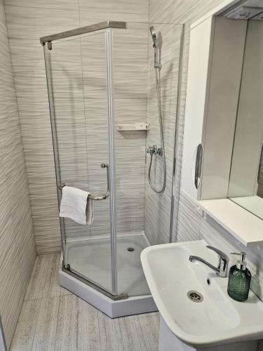 a bathroom with a shower and a sink at Zarvantsi Hotel in Khmelëva