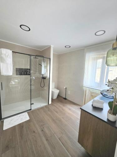 a bathroom with a glass shower and a toilet at Casa Zoila in Porto do Son