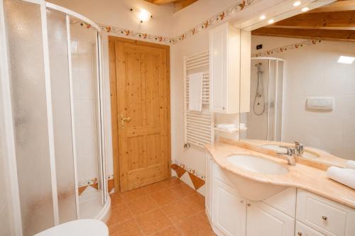 a bathroom with a sink and a shower at Appartamenti Pollam by AMA Val di Fassa in Pozza di Fassa