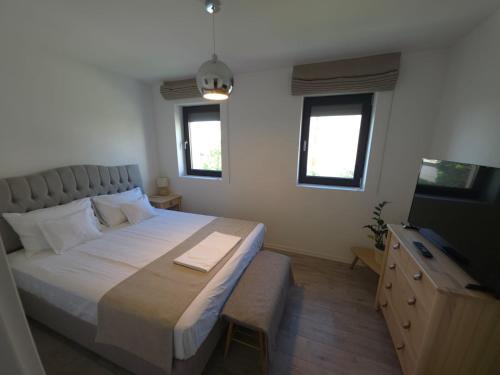 a bedroom with a large bed and a television at Cely's Ap Class Park in Târgovişte