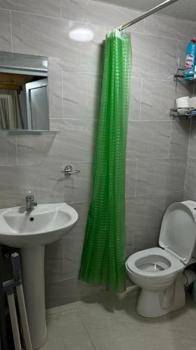 a bathroom with a green shower curtain and a sink at Red Roofs in K'eda