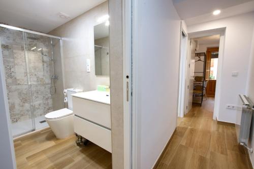 a bathroom with a toilet sink and a shower at Balcón de los Herreros in Cuenca
