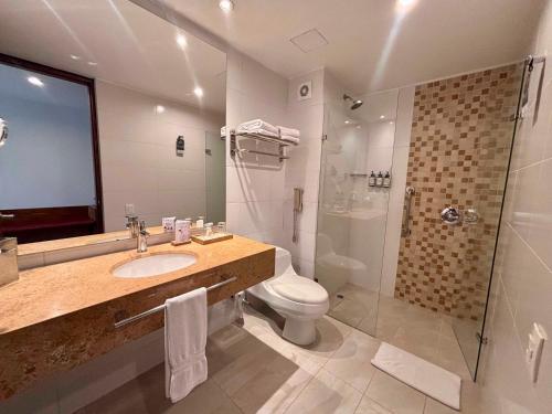 a bathroom with a sink and a toilet and a shower at Hotel Estelar Calle 100 in Bogotá