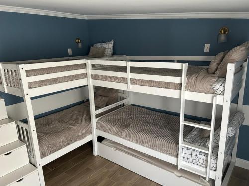 two white bunk beds in a room with blue walls at Loeras Inn in Dumfries