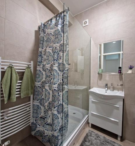 a bathroom with a shower and a sink at Avenue Apartment Sarajevo in Sarajevo