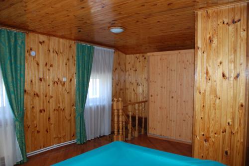 a room with wood paneling and a bed in it at Дім дача біля води in Protsev