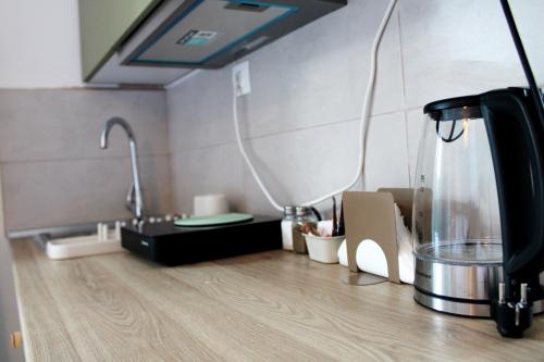 a kitchen with a counter top with a blender at Lyra Apartments Tilos in Livadia